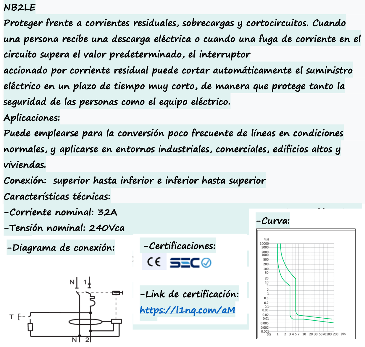 Automático CHINT NB2LE 1P+N 32A Curva C 6kA con Diferencial 300mA Tipo A – Código 0712113230CH