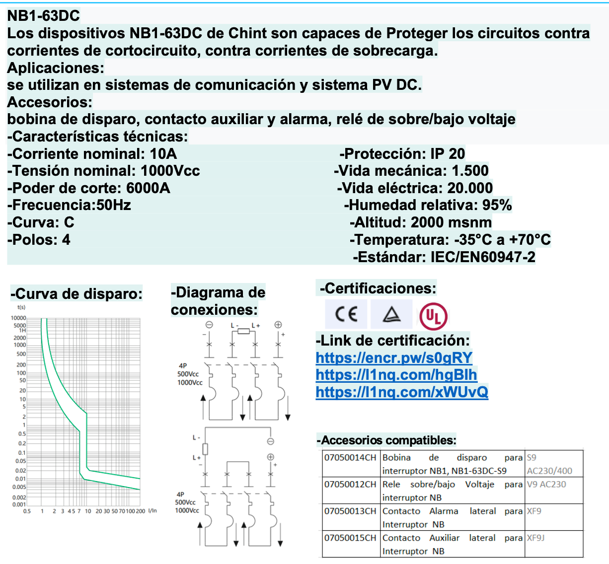 Interruptor DC CHINT NB1-63DC 2P 10A 1000VDC Curva C – 6kA – Código 07032410CH