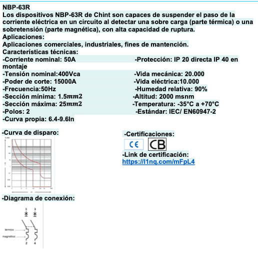 Interruptor Automático CHINT NBP-63R 2P 50A Curva C 15kA IEC60947 – Código 07030250CH