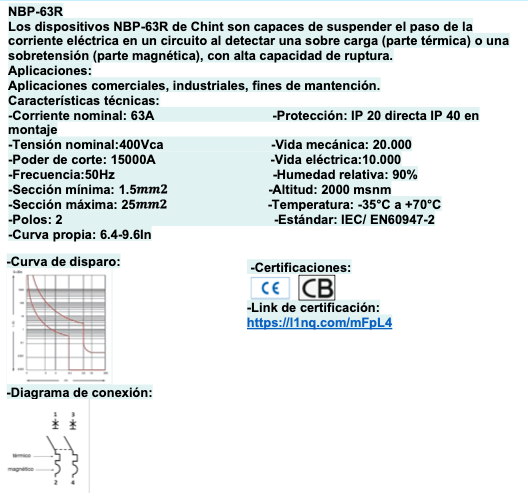 Interruptor Automático CHINT NBP-63R 2P 63A Curva C 15kA IEC60947 – Código 07030263CH