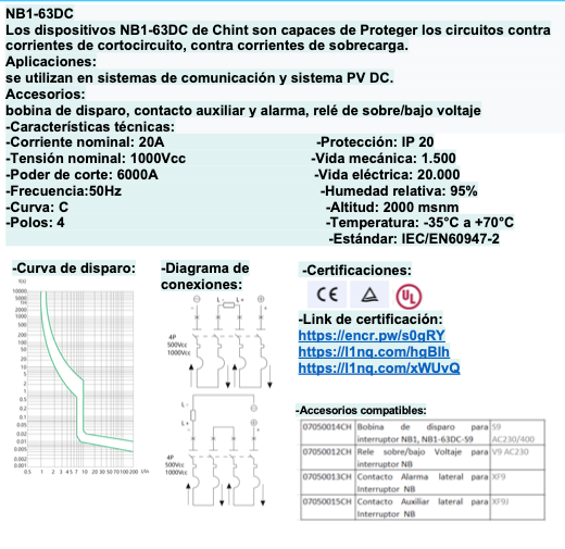 Interruptor DC CHINT NB1-63DC 2P 20A 1000VDC Curva C – Código 07032420CH