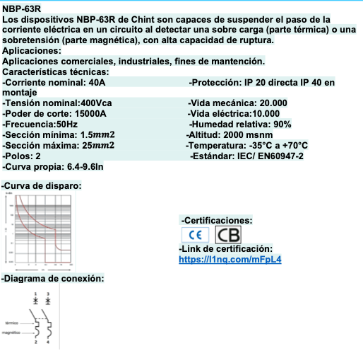 Interruptor Termomagnético CHINT NBP-63R 2P 40A 15kA – Código 07030240CH