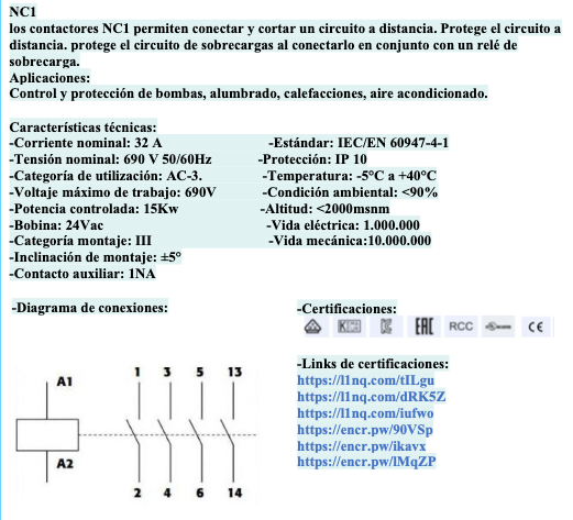Contactor CHINT NC1-3210 32A 3P+1NA Bobina 24V AC 50Hz – Código 03010308110CH