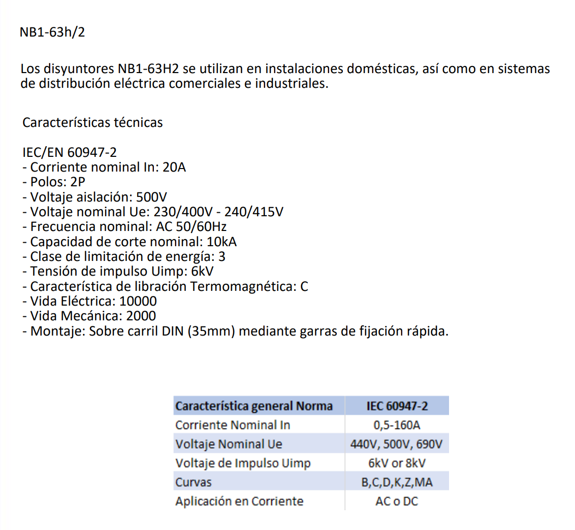 Interruptor Termomagnético Industrial CHINT NB1-63H/2 2P 20A Curva C 10kA – Código 07036220CH
