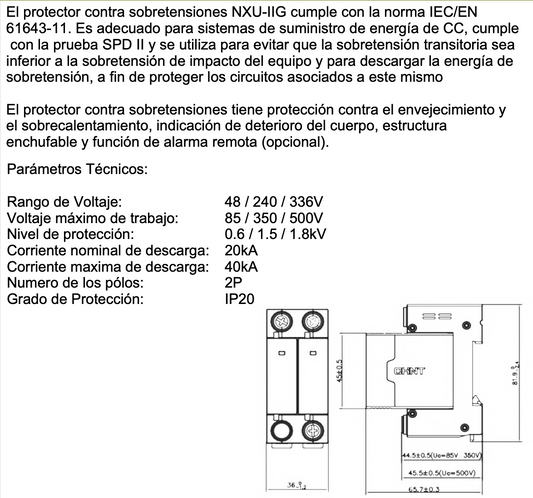 Supresor de Transientes DC CHINT NXU-II G/F 2P 350V 40kA – Código 61051350CH