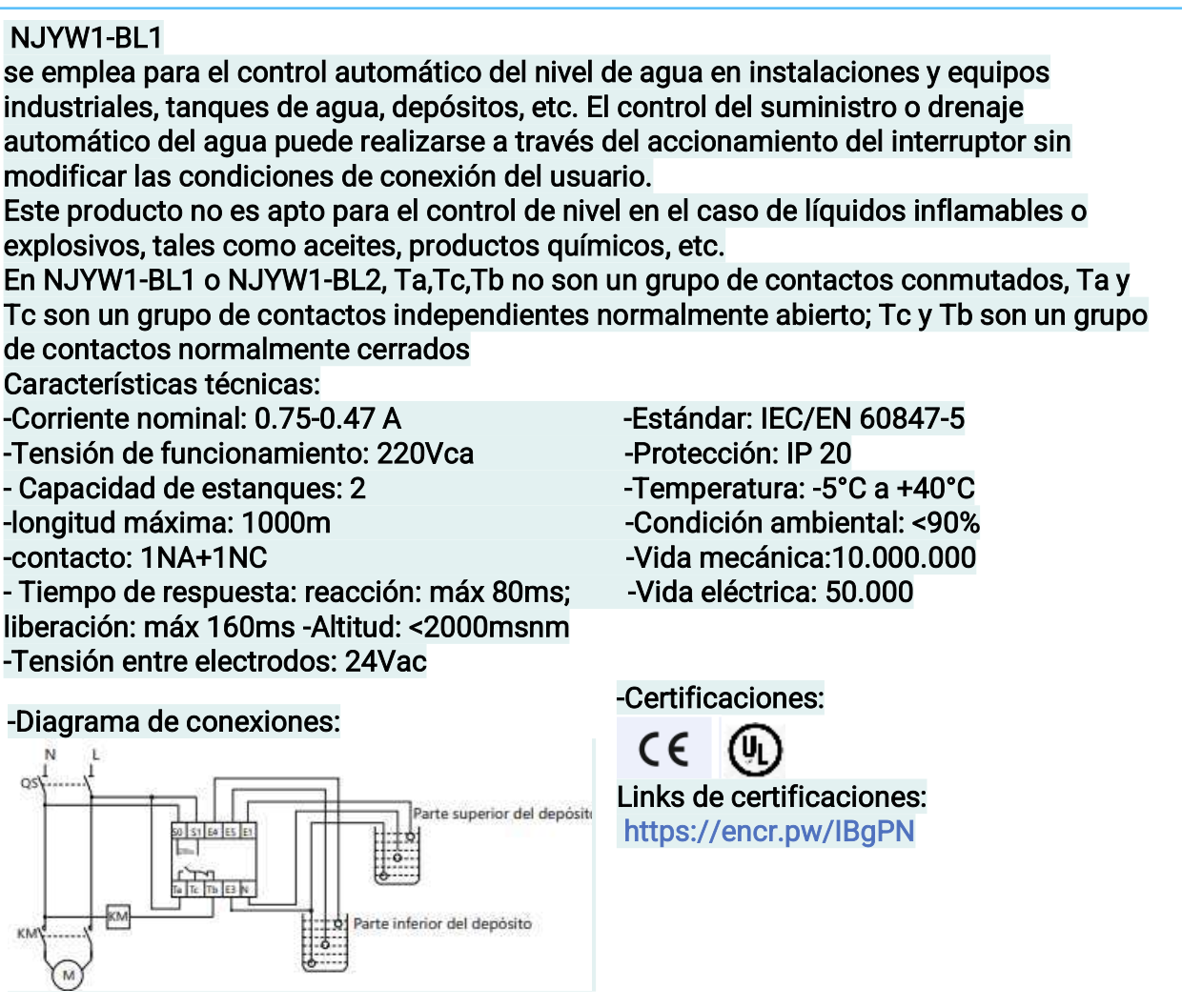 Relé de Nivel de Líquido CHINT NJYW1-BL1 2 Estágios 3 Electrodos 230 Vac – Código 0505012CH
