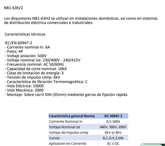 Interruptor Automático CHINT NB1-63H/2 4P C 6 A 10 kA – Código 07036406CH