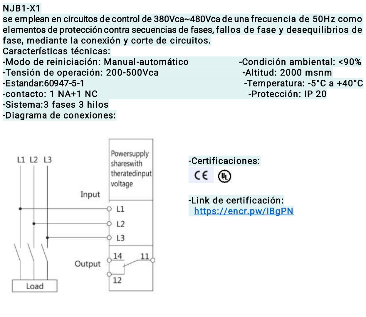 Relé de Secuencia y Falla de Fase CHINT NJB1-X1 1NO/1NC AC200–500V – Código 0506031CH