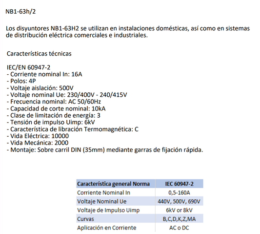 Interruptor Termomagnético Industrial CHINT NB1-63H/2 4P 16A 10kA Curva C – Código 07036416CH