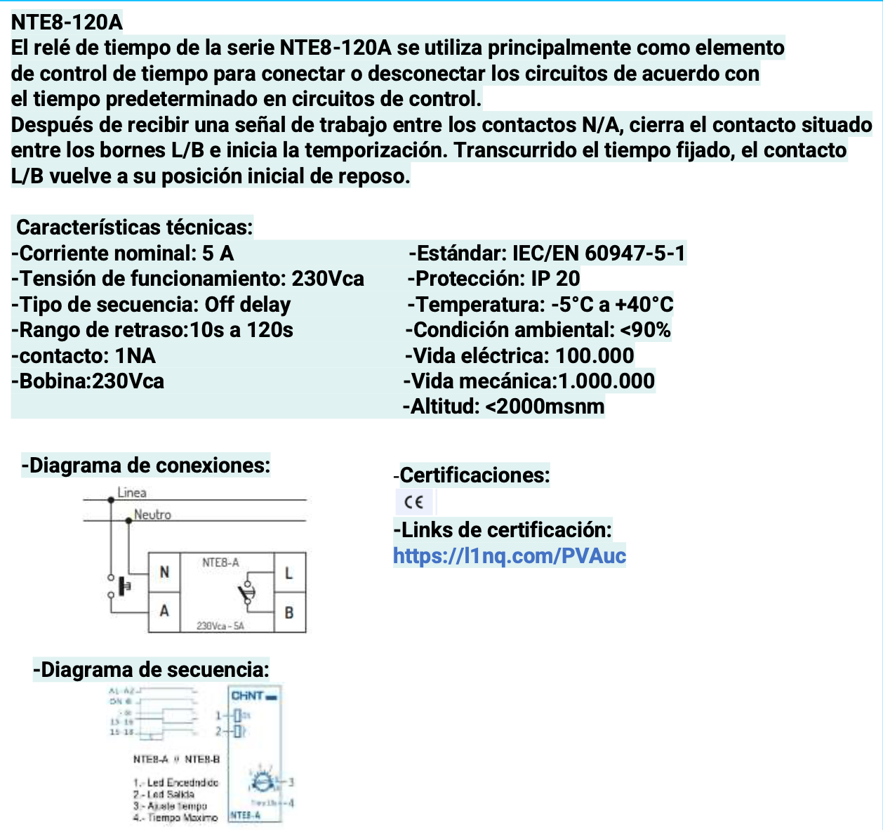 Relé Temporizador Electrónico CHINT NTE8-120A-230VCA OFF-Delay 230 Vac 10–120 s 5 A – Código 0504112CH