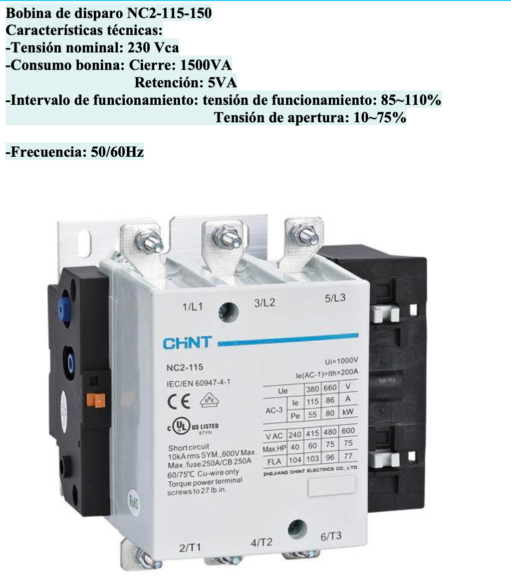Bobina CHINT NC2-FF-230V para Contactor NC2-115/150 240 Vac 50 Hz – Código 030885150CH