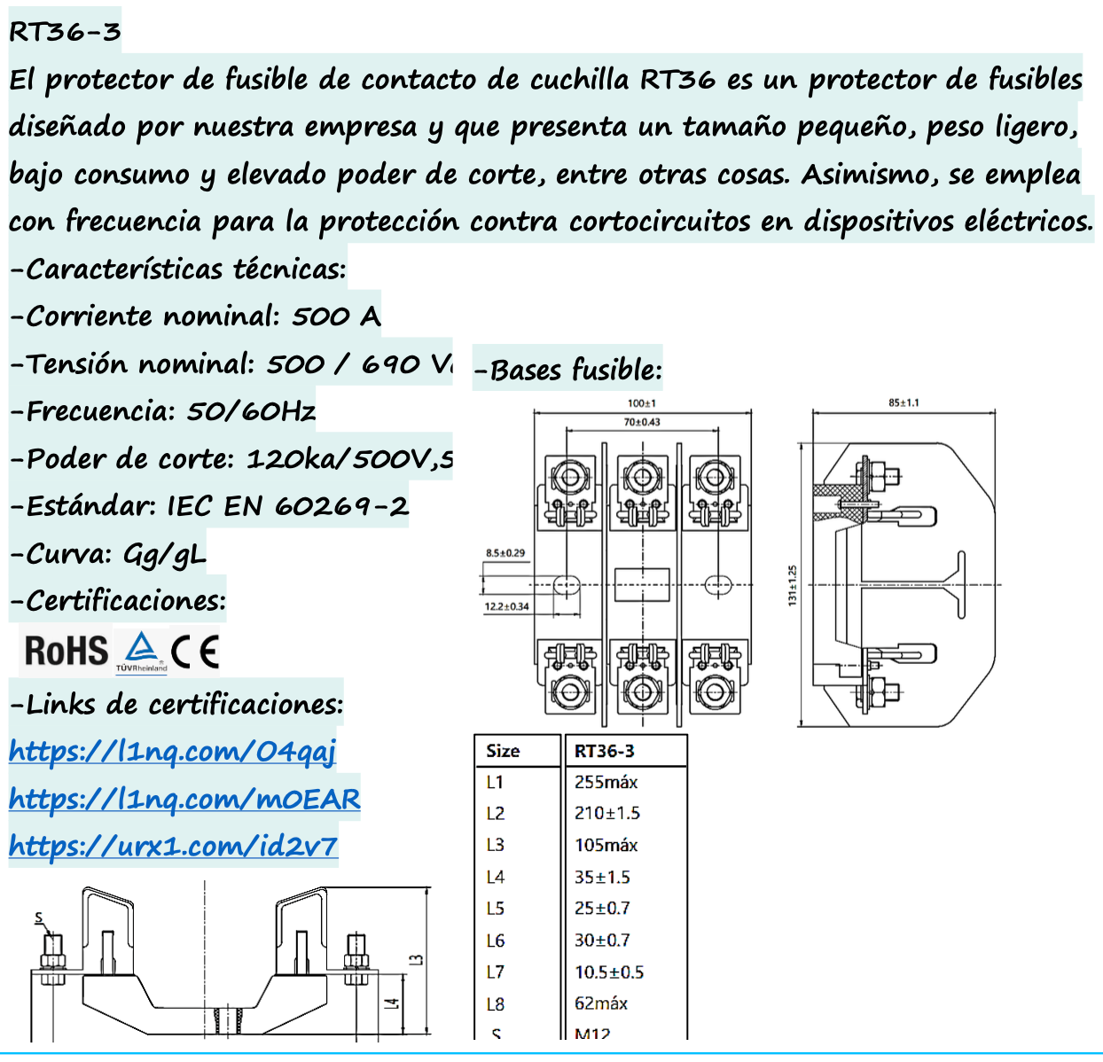 Fusible NH3 CHINT RT36-3 500A gG/gL 690 V 50 kA – Código 21013500CH