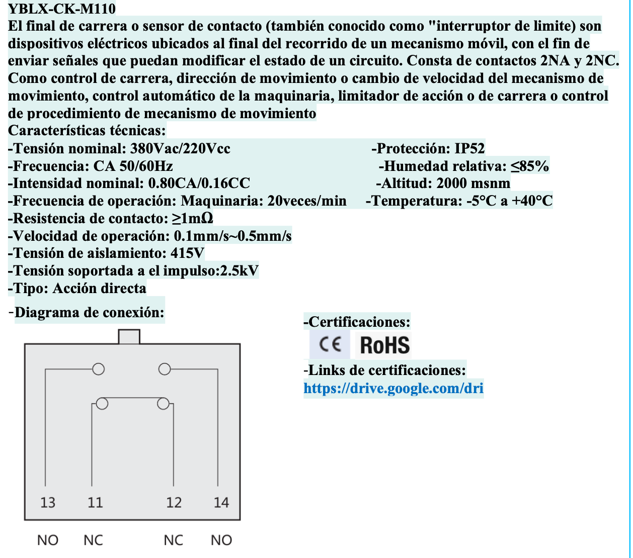 Final de Carrera metálico CHINT YBLX-CK-M110 Pistón 1NA+1NC IP52 – Código 57044011CH