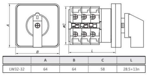 Seccionador Rotativo CHINT A301A/10 2P 32A AC-1 – LW32-32/C04/2 (65×65 mm) - Código 170222326CH