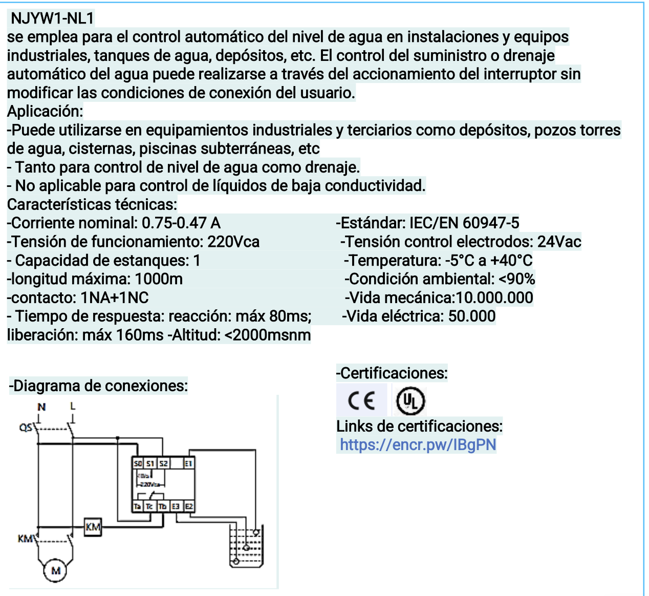 Relé de Nivel Líquido CHINT NJYW1-NL1 1 Estanque 3 Electrodos 220/380 V – Código 0505014CH