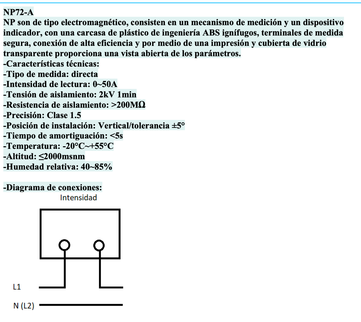 Amperímetro AC Indirecto CHINT NP72-A 50 A 72×72 mm Clase 1.5 – Código 27010050CH