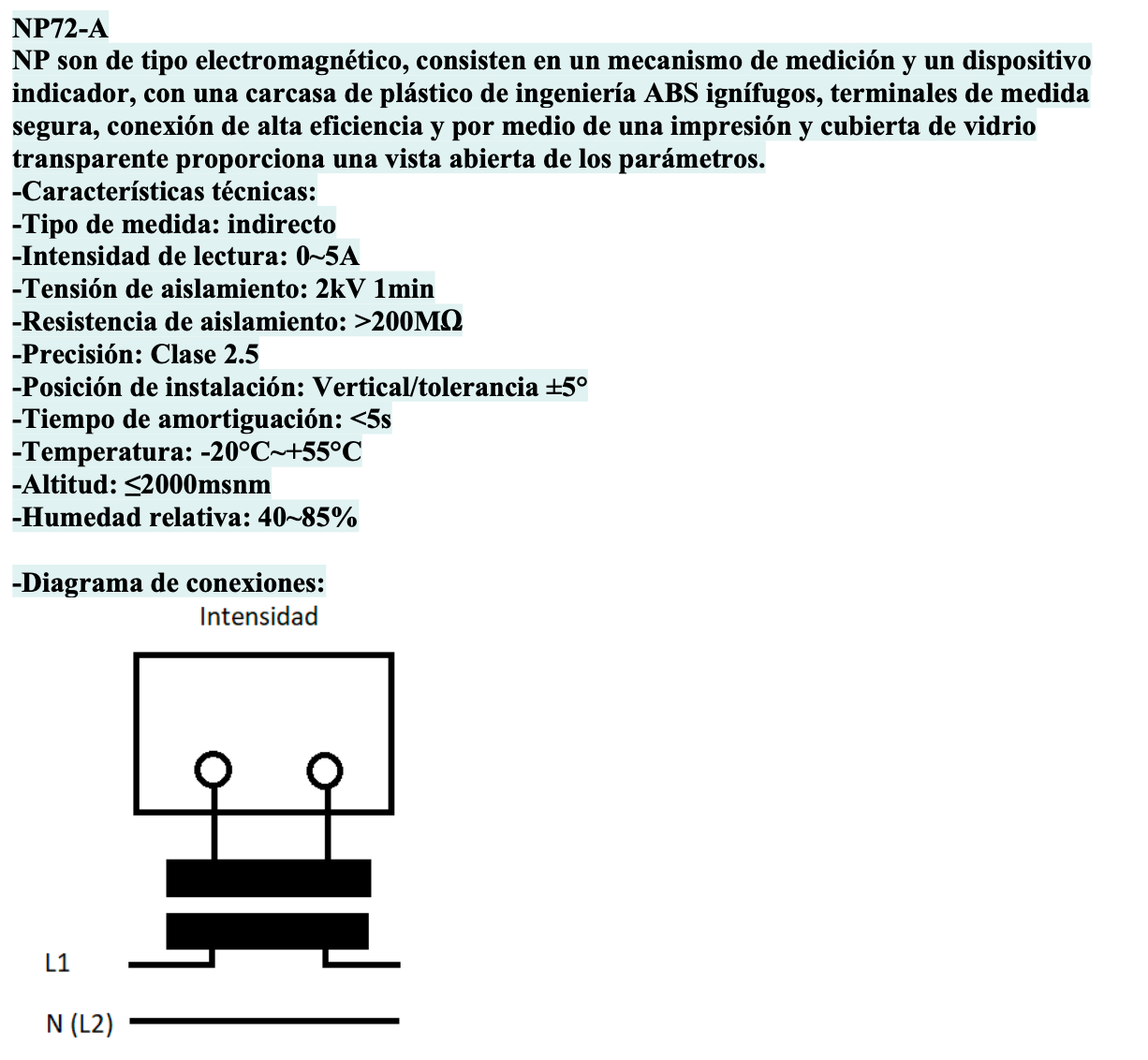 Amperímetro AC Indirecto CHINT NP72-A 5 A sin escala 72×72 mm Clase 1.5 – Código 27011005CH