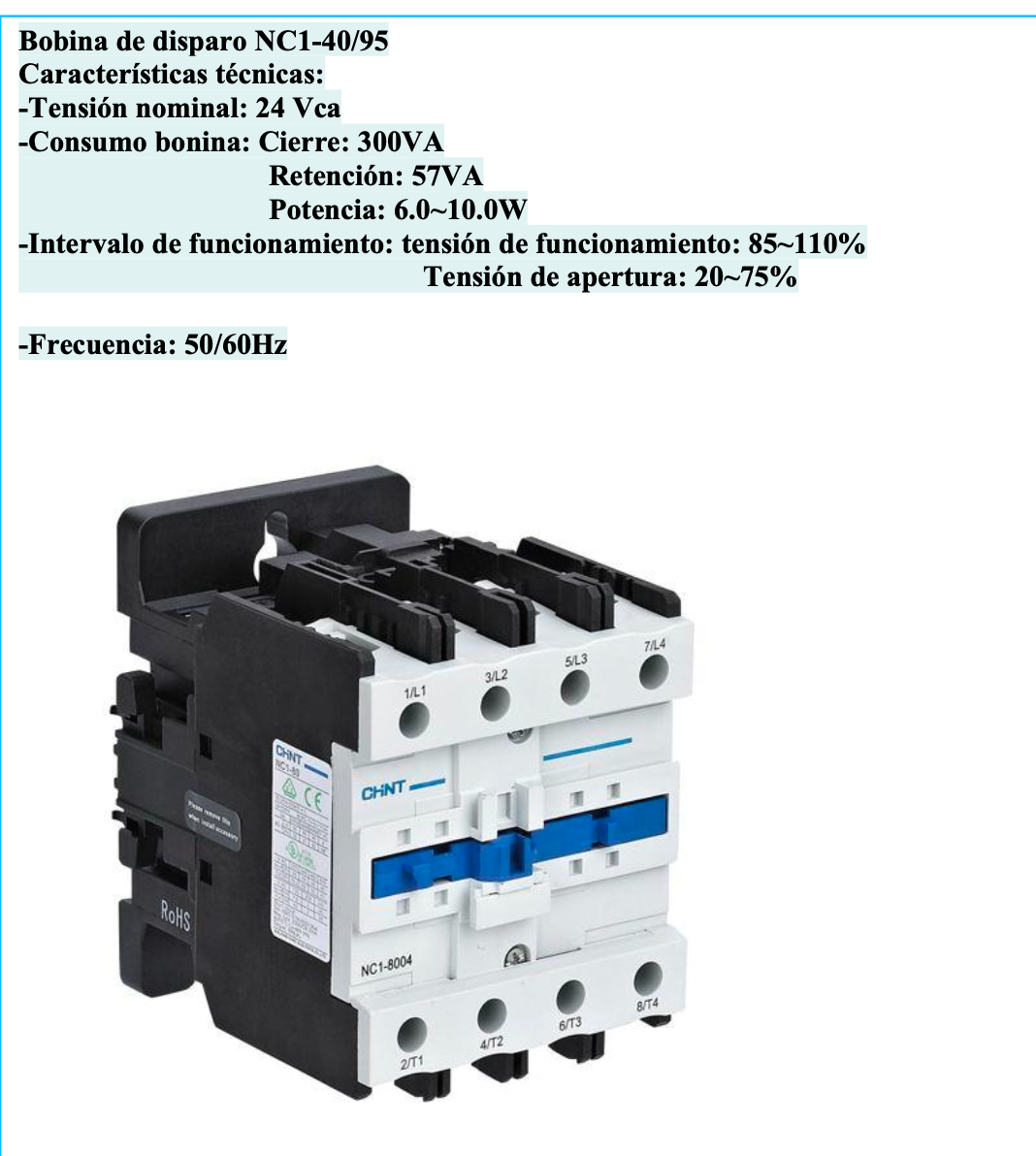 Bobina 24 V AC para Contactor CHINT NC1-40/95 – Código 030881095CH