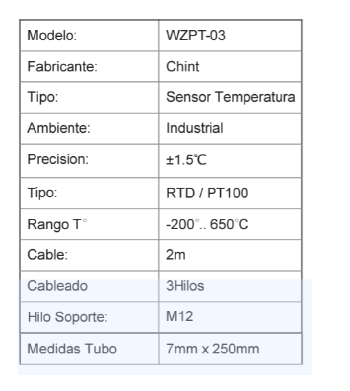 Sensor de Temperatura PT100 CHINT WZPT-03 2500 mm – Código 65016010CH