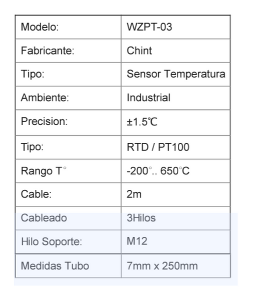 Sensor de Temperatura PT100 CHINT WZPT-03 2500 mm – Código 65016010CH
