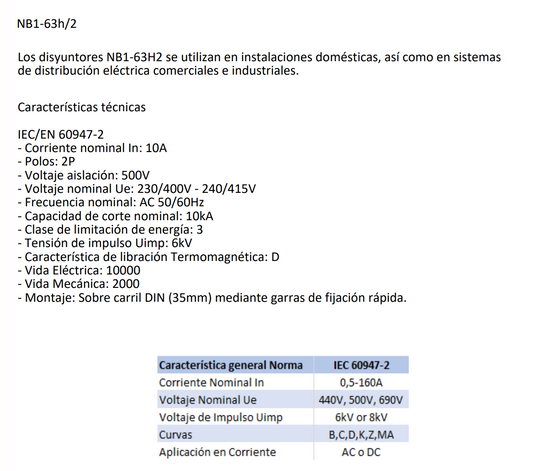 Interruptor Industrial CHINT NB1-63H/2 2P 10A 10kA Curva D – Código 07037210CH