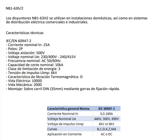 Interruptor Industrial CHINT NB1-63H/2 2P 25A 10kA Curva D – Código 07037225CH