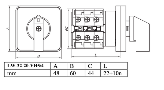 Selector Voltimétrico CHINT LW32-20-YH5/4 3 Fases 4 Hilos 7 Posiciones 60×48 mm – Código 27033074CH