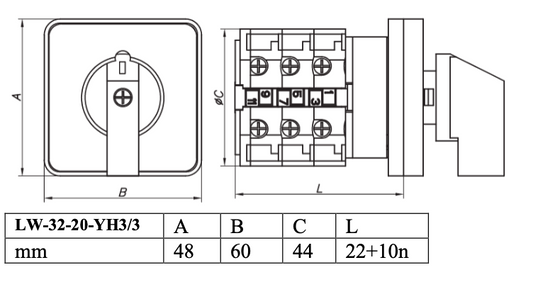 Selector Amperimétrico CHINT LW32-20-LH3/3 3 Fases 4 Hilos 4 Posiciones 60×48 mm – Código 27033443CH