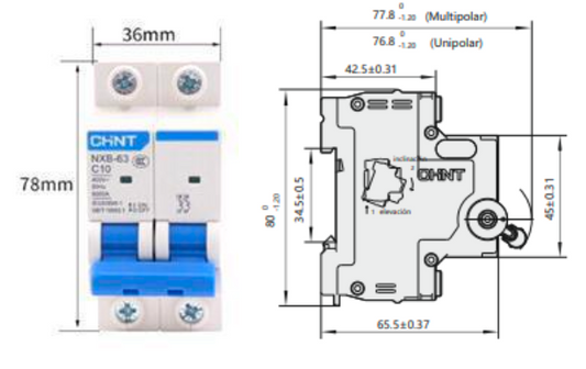 Interruptor Termomagnético CHINT NXB-63H 2P 10A 10kA Curva D – Código 07033210CH