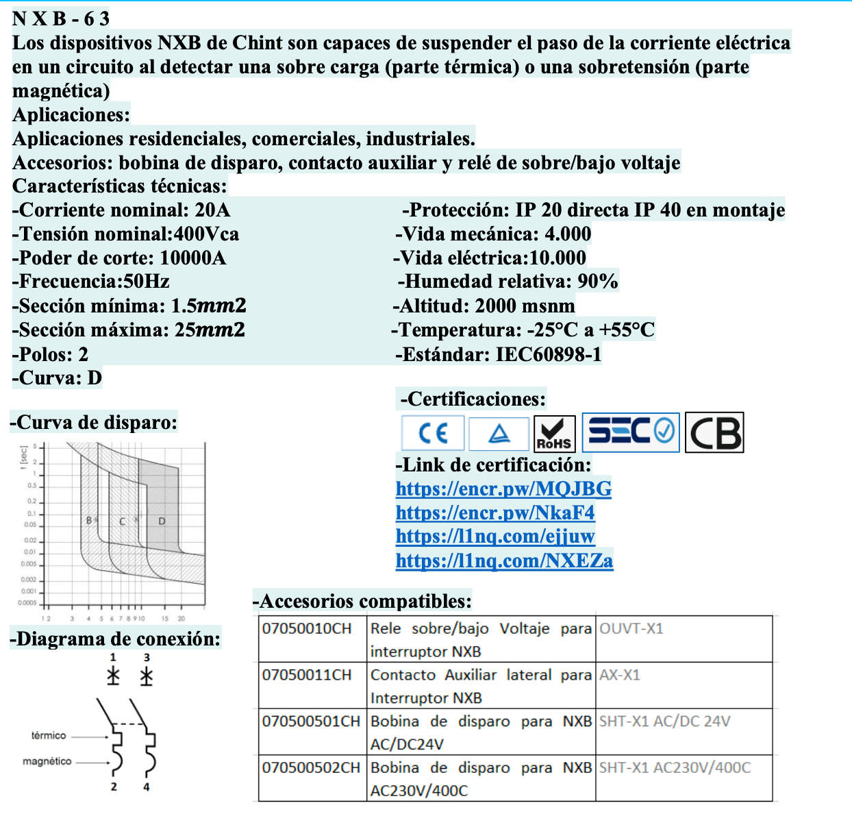 Interruptor Termomagnético CHINT NXB-63H 2P 20A 10kA Curva D – Código 07033220CH