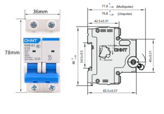 Interruptor Termomagnético CHINT NXB-63H 2P 10A 10kA Curva B – Código 07035210CH