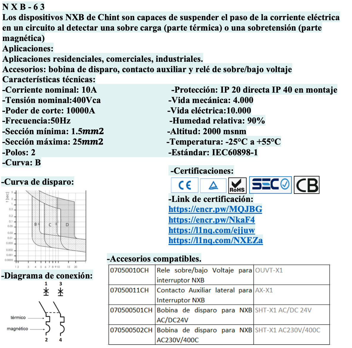 Interruptor Termomagnético CHINT NXB-63H 2P 10A 10kA Curva B – Código 07035210CH