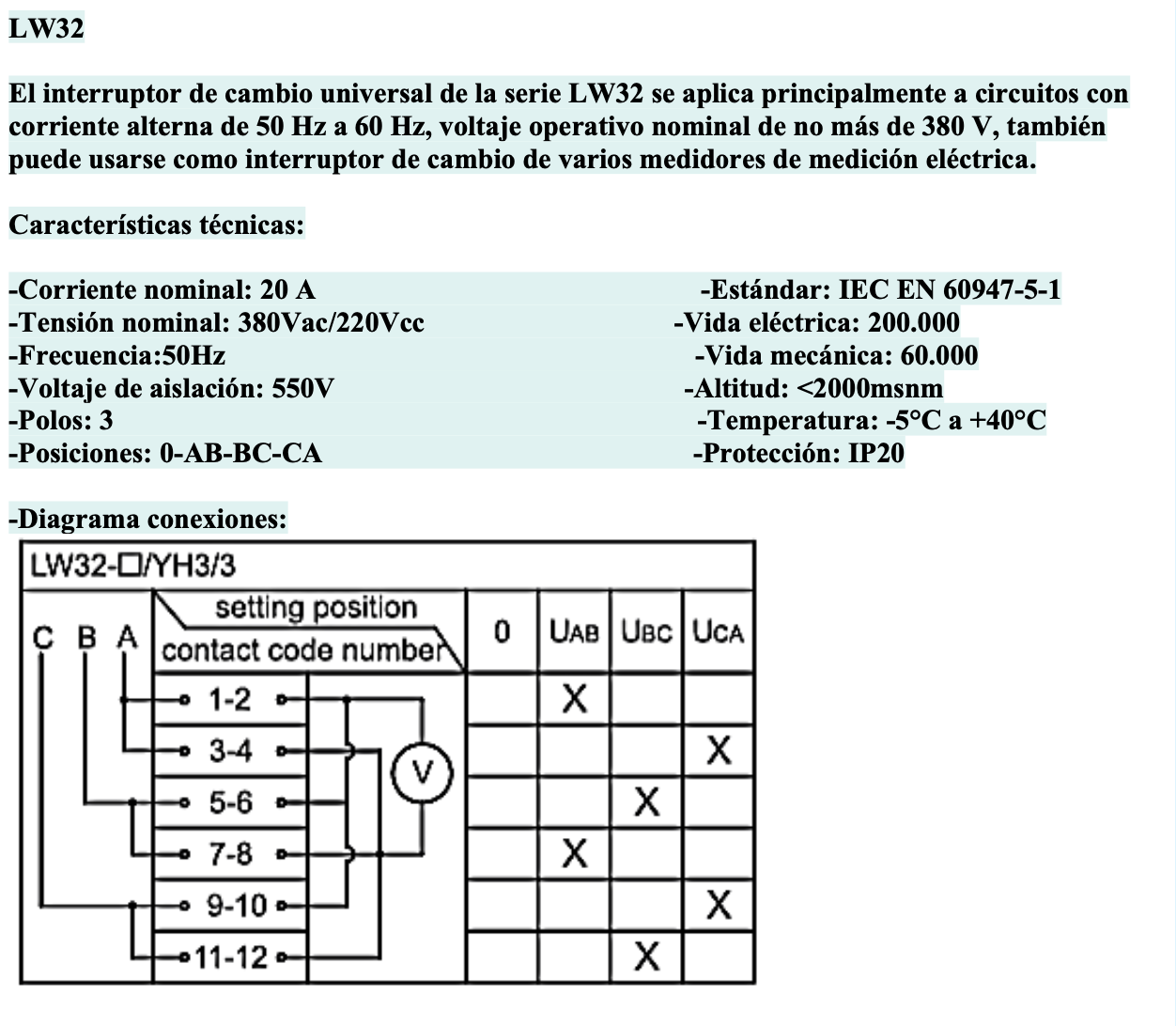 Selector Voltimétrico CHINT LW32-20-YH3/3 3F 3H 60x48mm 4 Posiciones – Código 27033043CH