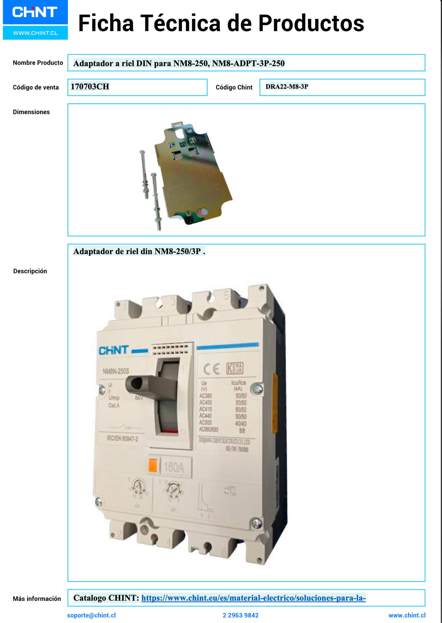 Adaptador a Riel DIN CHINT para NM8-250 3P DRA22-M8-3P – Código 170703CH