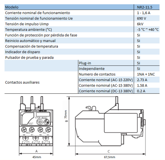 Relé Térmico CHINT NR2-11.5 1–1,6A para Contactor NC6 – Código 050100160CH