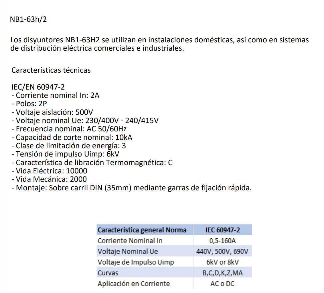 Interruptor Industrial CHINT NB1-63H/2 2P 2A 10kA Curva C IEC 60947-2 – Código 07036202CH