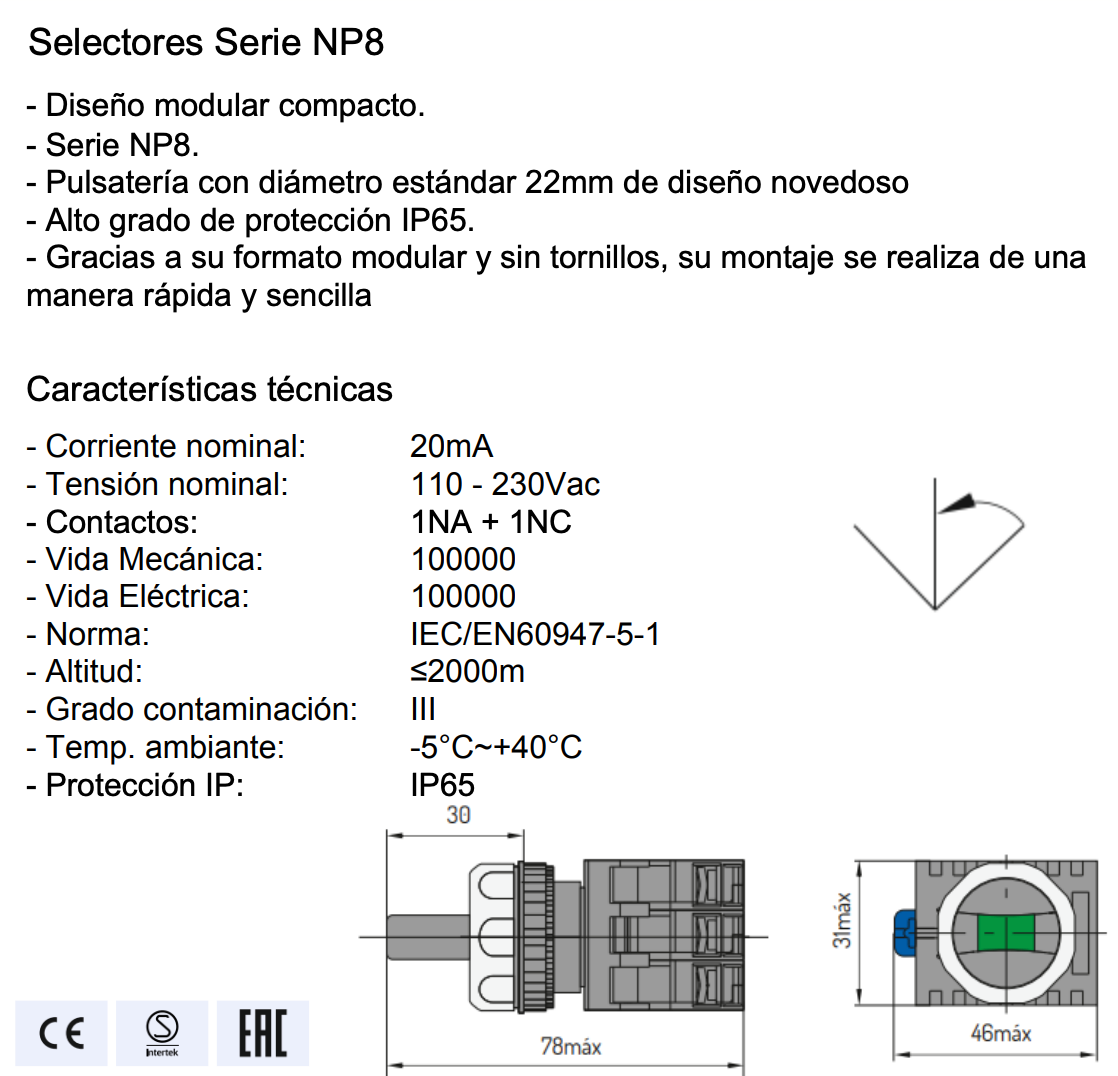 Selector Luminoso Verde CHINT NP8-11XD/373 3 Posiciones AC110V-230V – Código 251960311CH