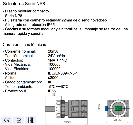 Selector Luminoso Verde CHINT NP8-11XD/223 2 Posiciones AC/DC 24V – Código 251964211CH