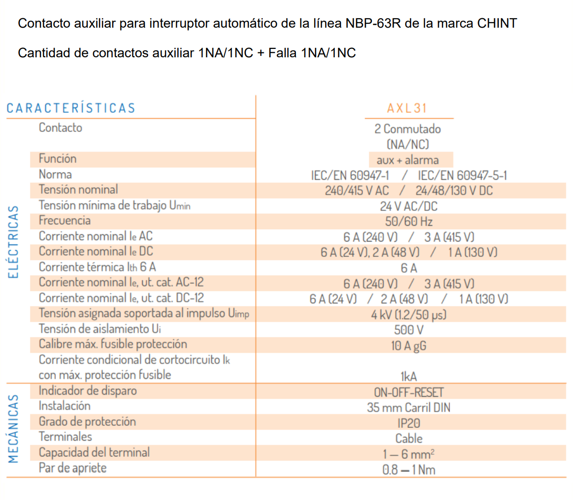 Contacto Auxiliar + Contacto de Falla CHINT AXL31 1NA/NC + 1NA/NC 230V AC/DC para NBP-63R – Código 07030504CH