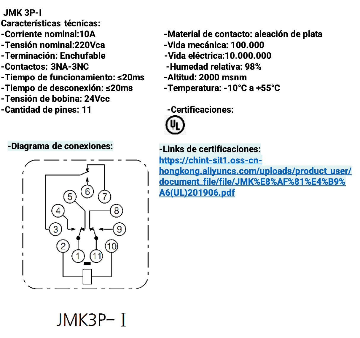 Relé Undecal CHINT JMK 3P-I 24VDC 3NA/3NC 10A con Indicador Mecánico – Código 053311024CH