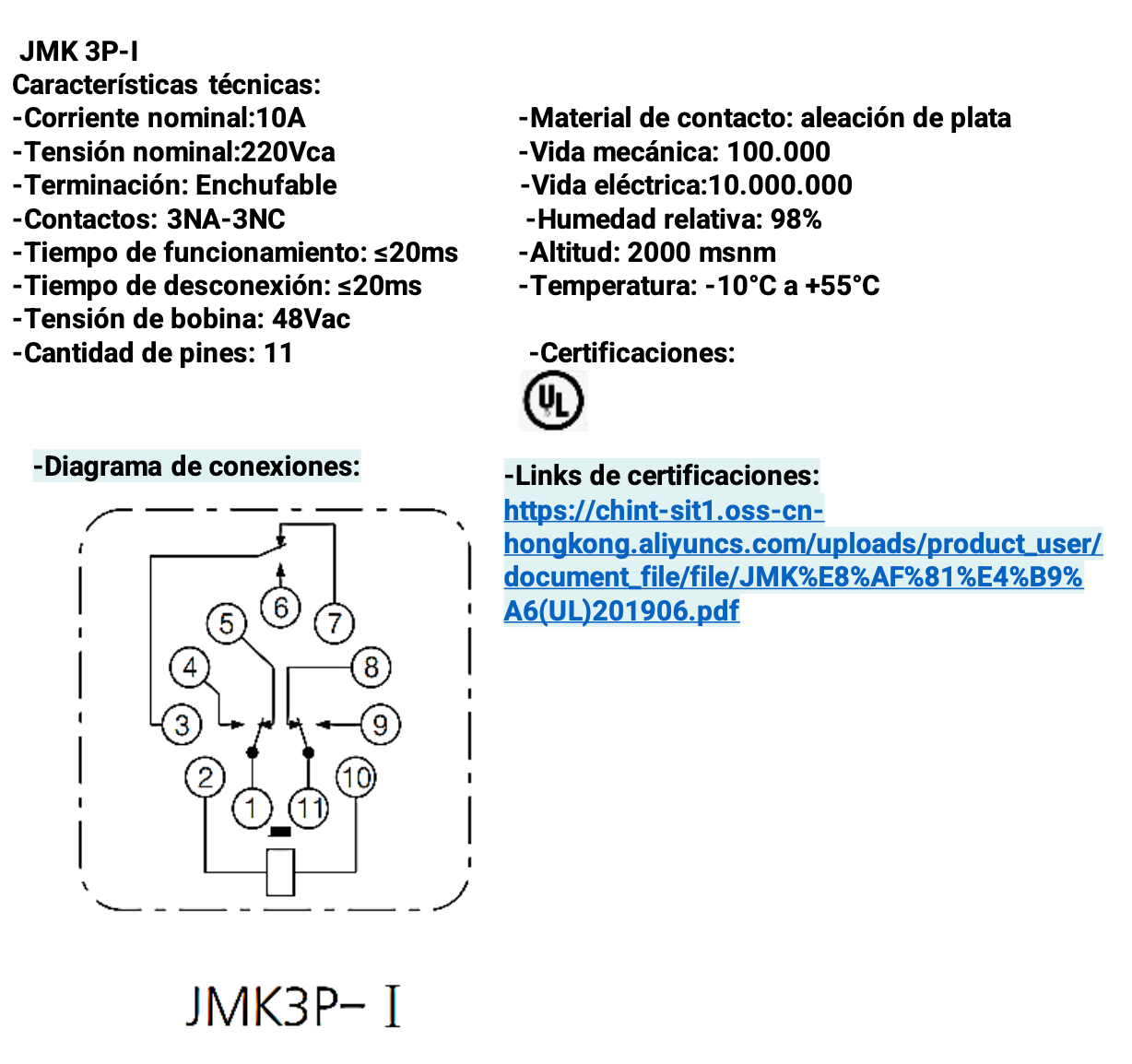 Relé Undecal CHINT JMK3P-I AC 48V – 3NA/3NC 10A – Código 053311048CH
