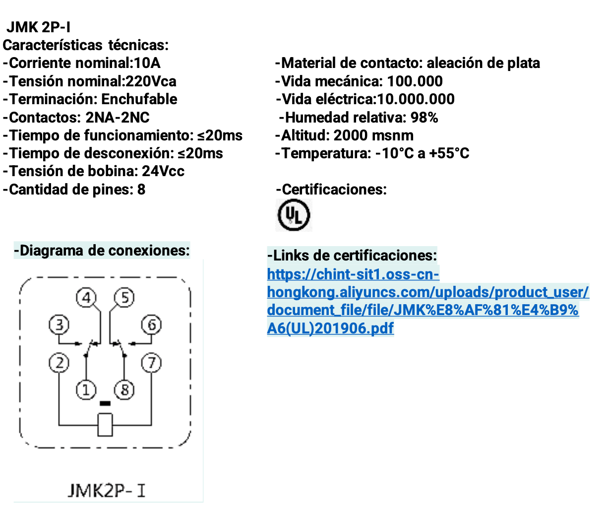 Relé Encapsulado CHINT JMK2P-I 2P 24V DC 10A – Código 053308124CH