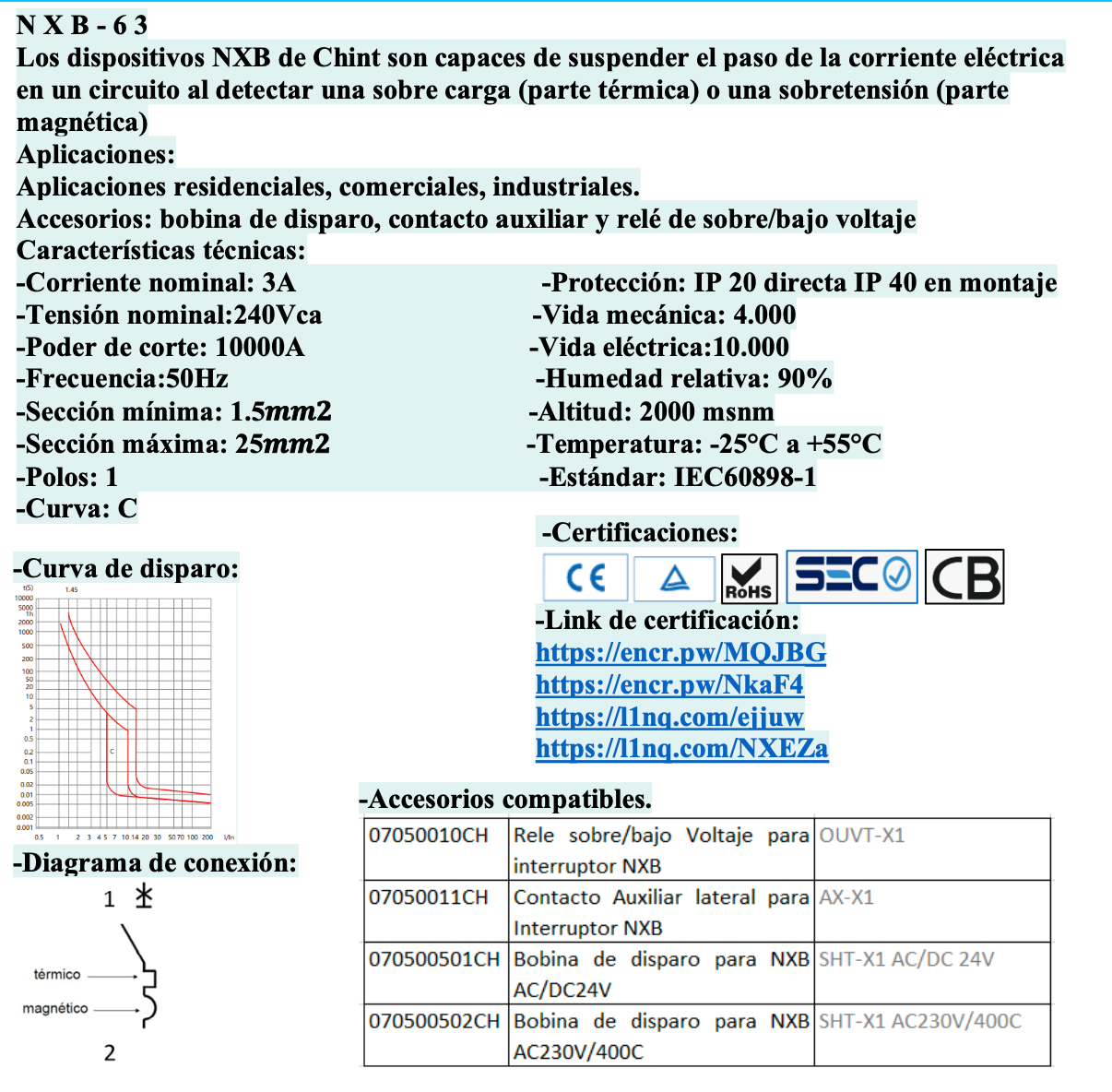 Interruptor Termomagnético CHINT NXB-63H 1P 3A 10kA Curva C – Código 07031103CH