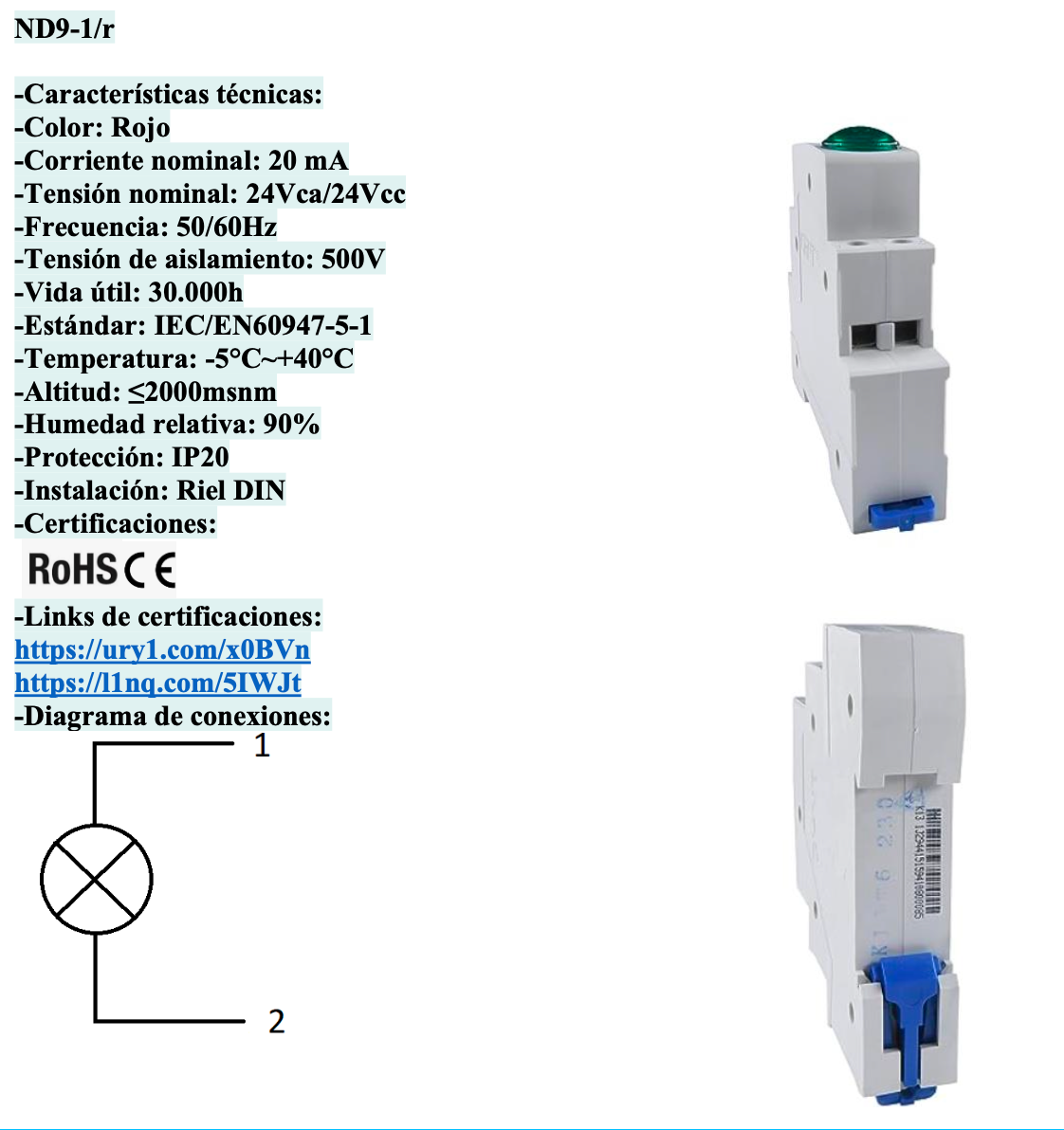 Piloto LED Modular CHINT ND9-1 Rojo 24V AC/DC Riel DIN – Código 25075022CH