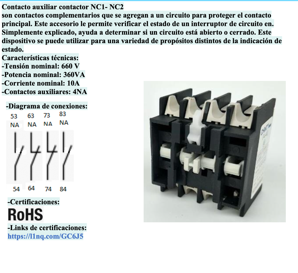 Bloque de Contacto Auxiliar Frontal CHINT F4-40 4NA para Contactor NC1/NC2 – Código 03060540CH