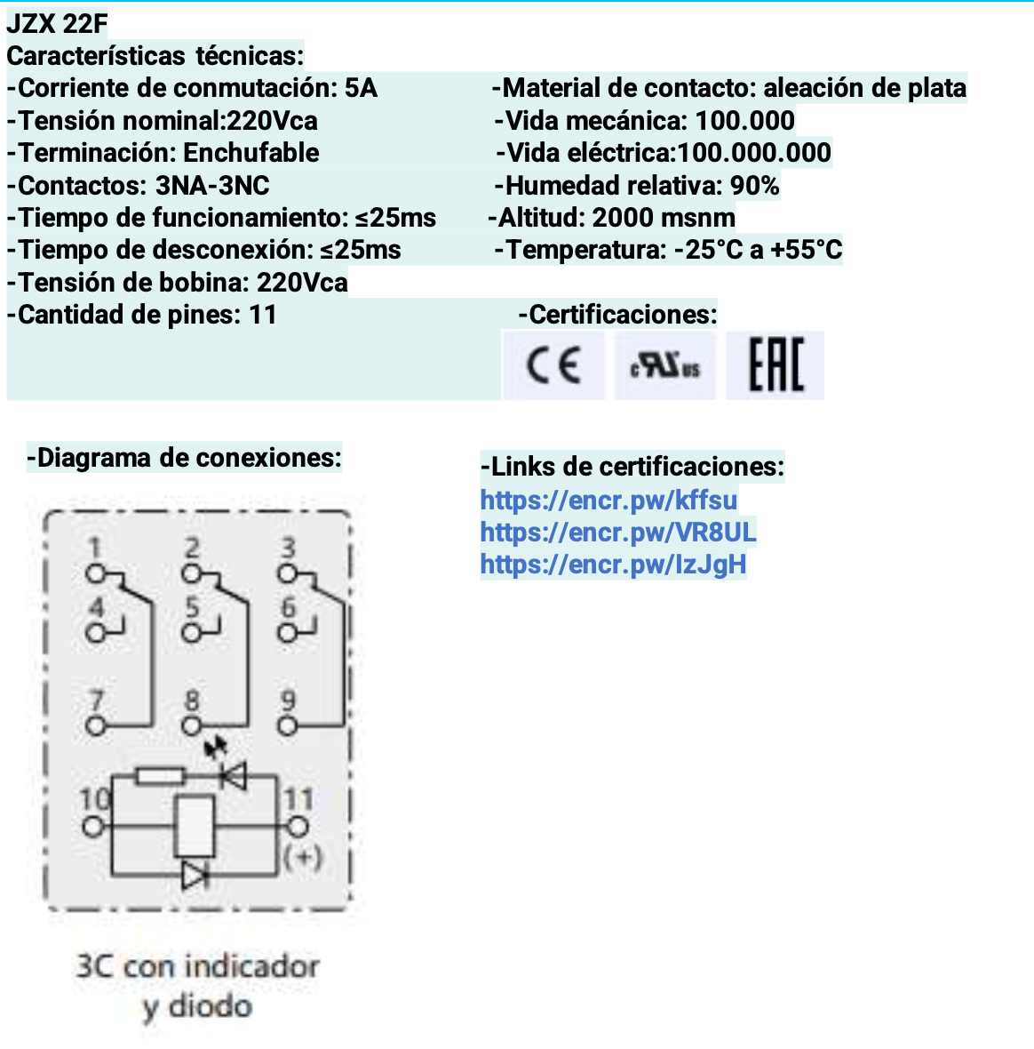 Mini Relé Industrial CHINT JZX-22F Bobina 220V AC 3 Contactos (3PDT) con LED – Código 0533080033CH