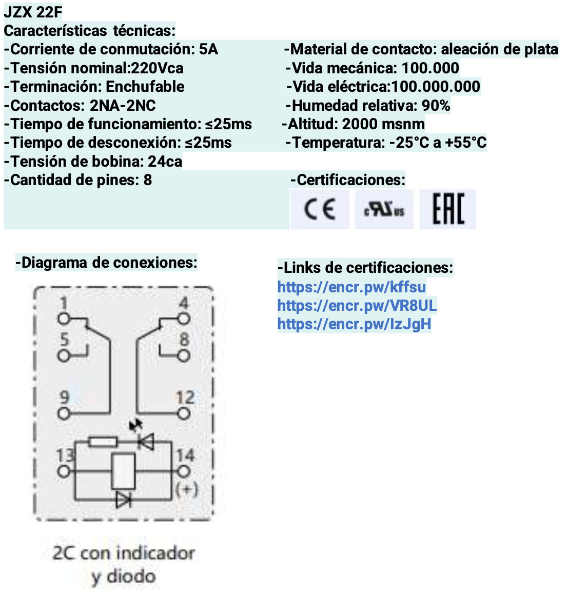 Mini Relé Industrial CHINT JZX-22F Bobina 24V DC 2 Contactos (2PDT) con LED – Código 0533080022CH