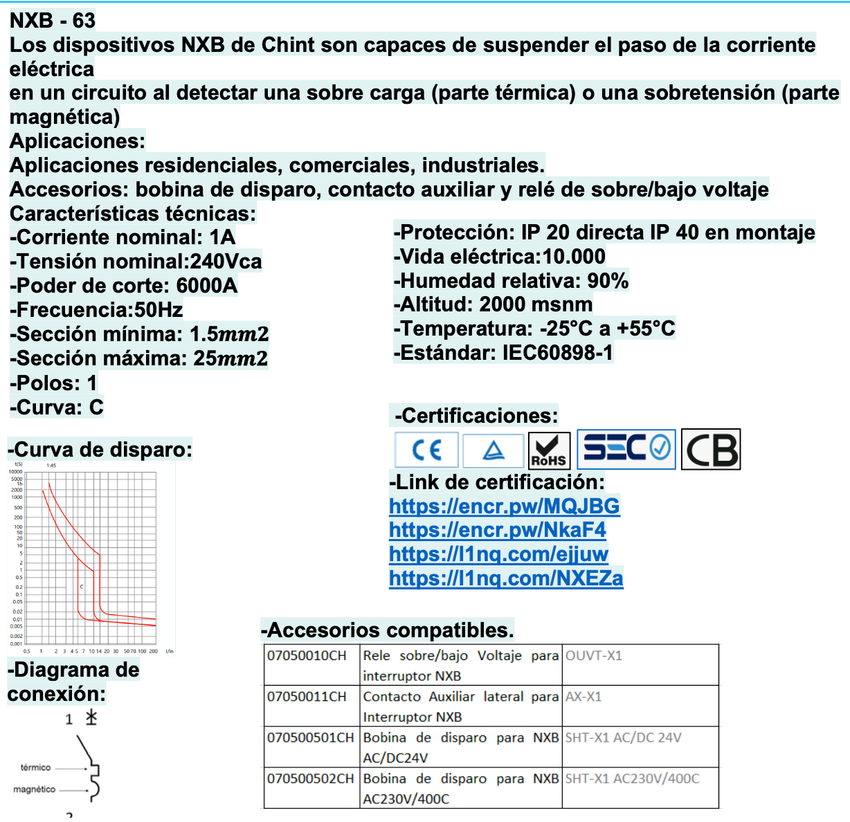 Interruptor Termomagnético CHINT NXB-63 1P 1A 6kA Curva C Certificado SEC – Código 070101001CH