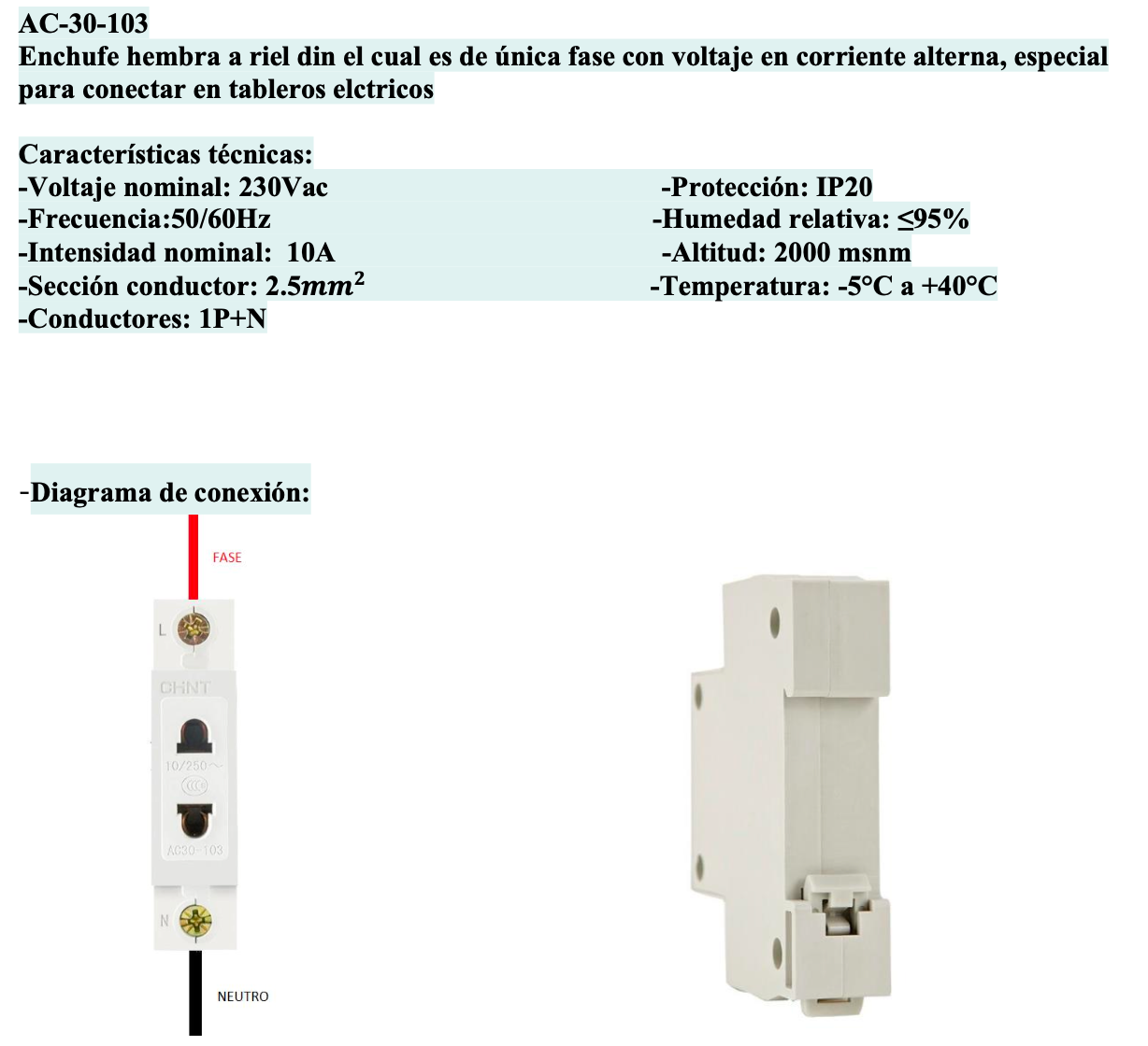 Enchufe Modular Hembra CHINT AC30-103 para Riel DIN 2P+T 10A/16A – Código 3316210CH