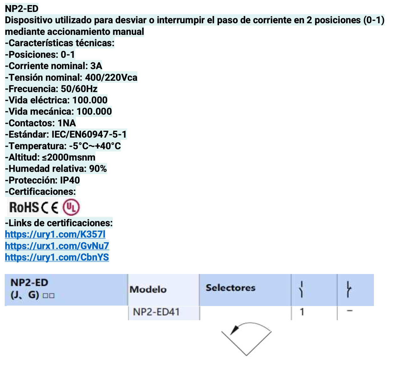 Selector Plástico Manilla Corta CHINT NP2-ED41 2 Posiciones con Retorno 1NA – Código 2504131CH